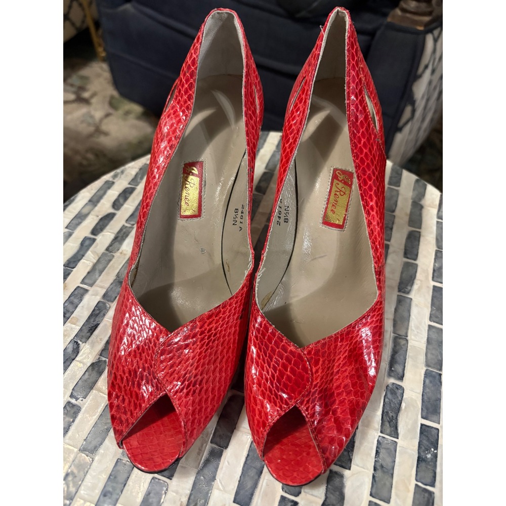 Vintage‎ G Renzi Red Snake Print Peep Toe Heels 8.5N